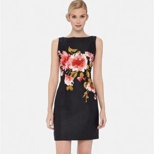 Tahari Jacquard Floral Sheath Dress - Black Pink Florals 4 Petite